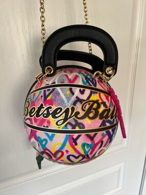 Betsey Johnson Multicolor Graffiti Heart  Basketball Bag with Gold Chain